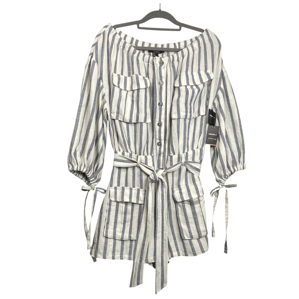 Forever 21 Contemporary Large NWT Off Shoulder Linen Flax Stripe Romper